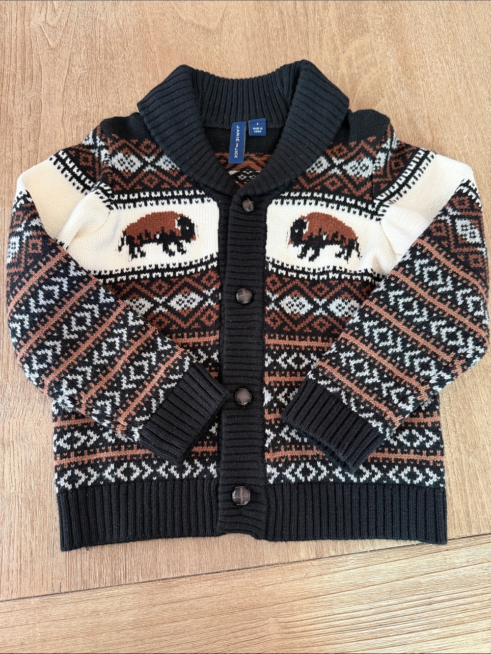 Black, Cream & Brown Buffalo Fair Isle Shawl Collar Cardigan